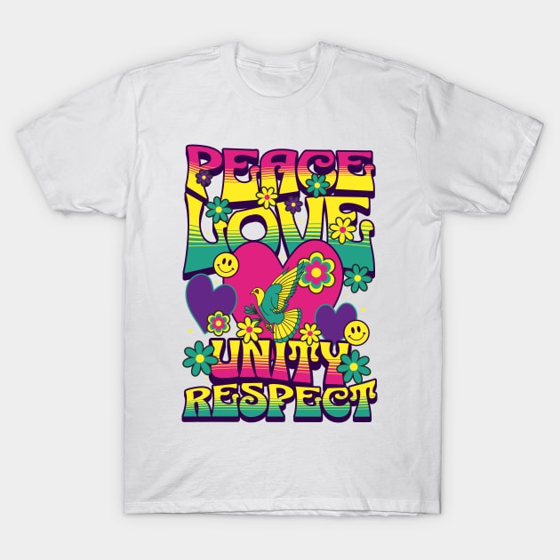 PEACE LOVE UNITY RESPECT - 60's steez (yellow/pink) T-Shirt by DISCOTHREADZ 